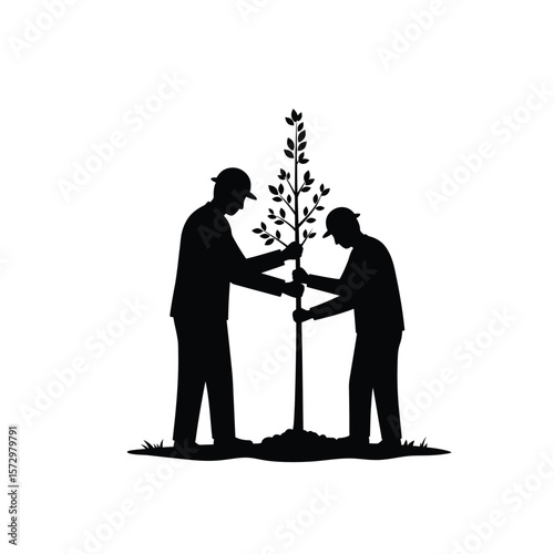 Two Men Planting Sapling, Teamwork, Sustainability, Black Silhouette