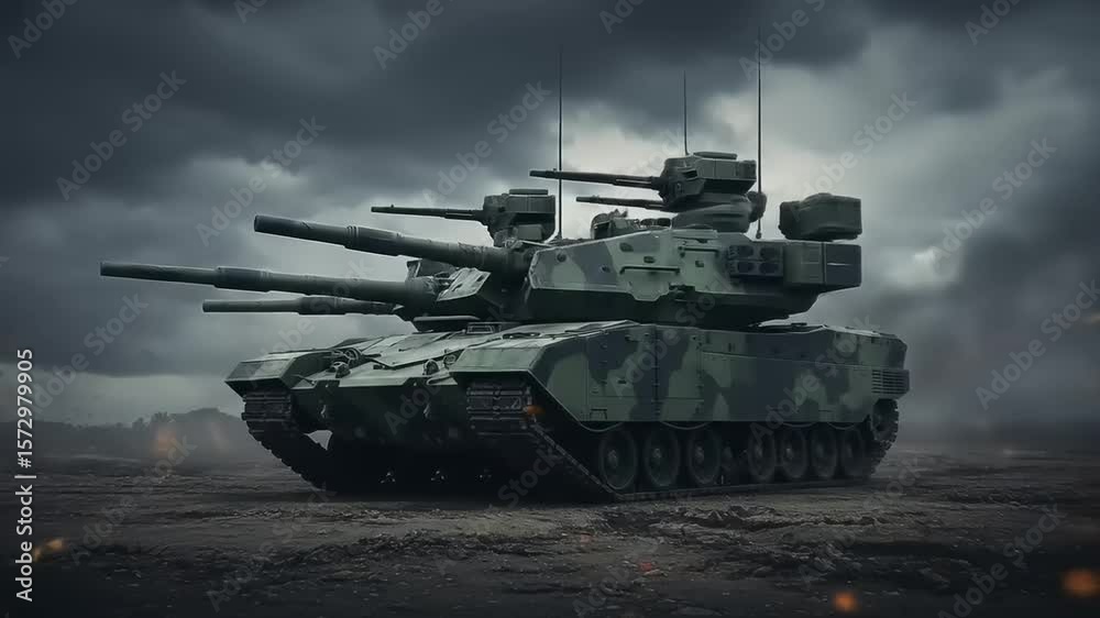 Military tank positioned on a battlefield under a dramatic sky, showcasing advanced weaponry and camouflage Military tank positioned on a battlefield under a dramatic sky, showcasing advanced weaponry and camouflage