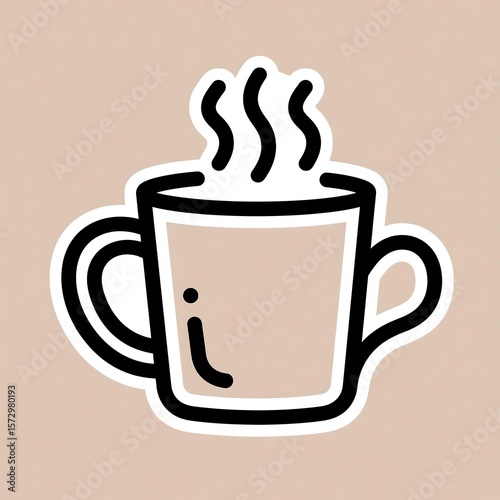 Stylized Outline of Steaming Coffee Mug with Curved Handle and Wavy Steam – Clean Black Vector Lines on Cream Background, Modern Minimal Design for Branding or Stickers