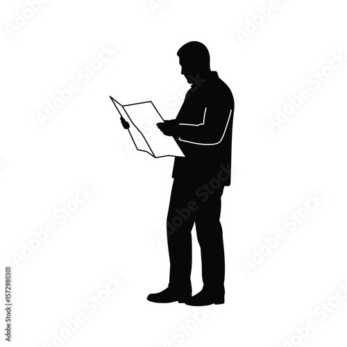 Man Reading Map Silhouette, Focused Traveler, Navigation Concept