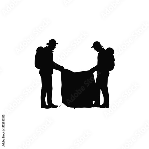 Hikers Setting Up Camp Tent Silhouette, Outdoor Adventure