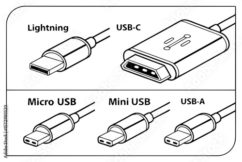 "An educational chart featuring clean, black outline illustrations of common USB connectors. Includes side views of Lightning, USB-C, Micro USB, Mini USB, and USB-A. Each connector is labeled in a cle