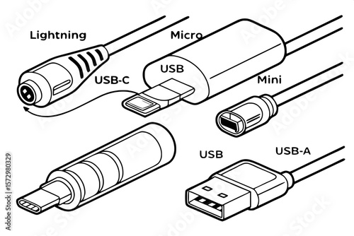 "An educational chart featuring clean, black outline illustrations of common USB connectors. Includes side views of Lightning, USB-C, Micro USB, Mini USB, and USB-A. Each connector is labeled in a cle