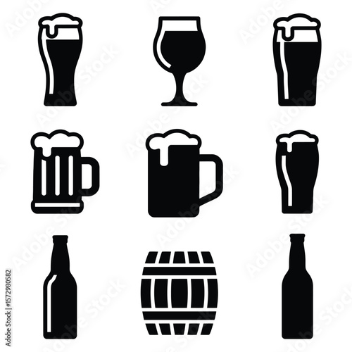 Beer glasses bottles and barrel icons vector