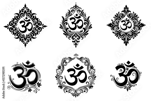 Set, Decorative Om symbols in intricate black and white designs for engraving, tattoo, stencil, or decorative printing, isolated on a transparent background