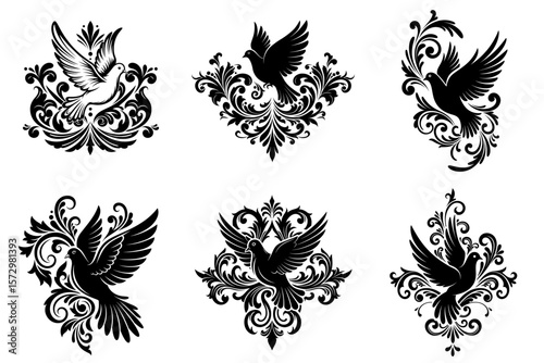 Set, Ornate black silhouette birds in decorative floral designs for engraving, tattoo, stencil, or decorative printing, isolated on a transparent background