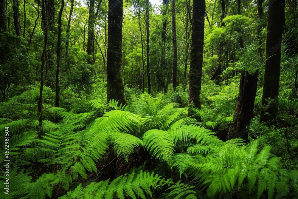 Fototapeta premium Exploring the lush fern plants in Tasmania's vibrant jungle forest, Jungle forest Tasmania Australia Fern plants in wilderness of national park