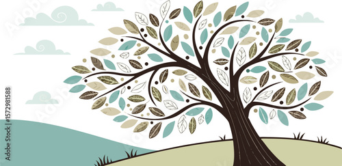 Stylized tree with blue and tan leaves and swirling clouds on a hillside