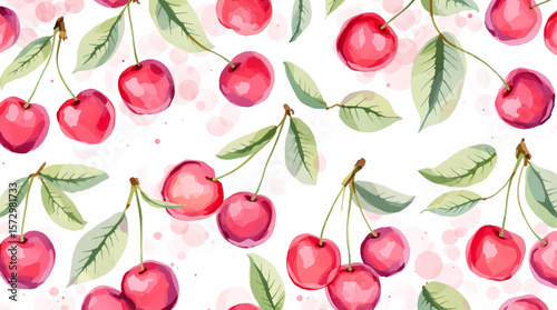 Watercolor cherry, Ornament with berry, Nature theme, Seamless vector pattern, Watercolor paint for gift box, wallpaper, background, web sites, textiles, textures, greeting card, wedding invitation