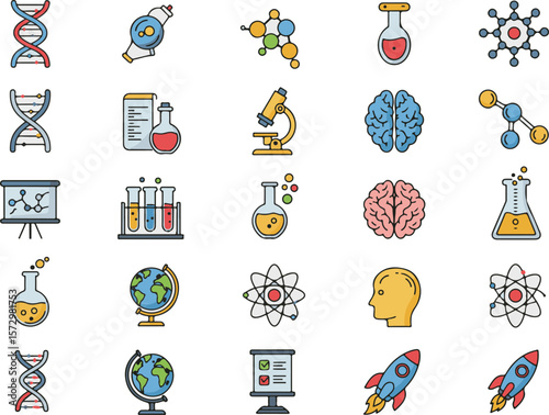 A seamless pattern of diverse cartoon science and education icons creates a vibrant technology design