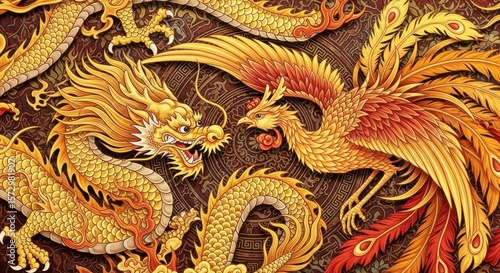 Intricate Golden Dragon and Phoenix Tapestry Design