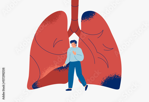 Unhealthy lungs and sad man near it. Respiratory disease and chronic illness, asthma or lung cancer. Healthcare and medical concept. Vector illustration 
