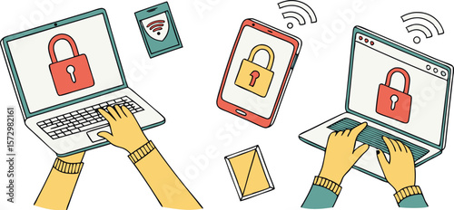 Hands typing on laptops and using a smartphone with digital security locks and wi fi symbols