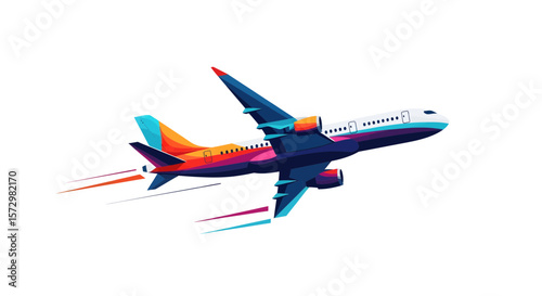 Airplane Taking Flight, Aviation Adventure, In the Sky, Graphic Design, Colorful Environment, Dynamic Viewpoint, Travel Concept