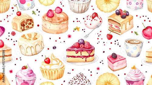 Elegant watercolor pastries and cakes with delicate details, forming a charming pattern full of sweetness, creativity, and joyful moments