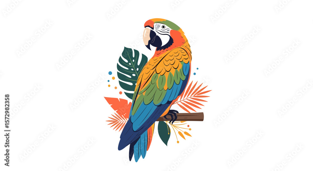 Fototapeta premium Vibrant Parrot Illustration, Colorful Bird Art, Tropical Jungle, Digital Artwork, Bright Colors, Artistic Viewpoint, Nature Concept