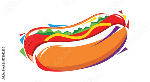 Delicious Hot Dog Illustration, Food Art, Graphic Design, Colorful, Fun, Whimsical Style