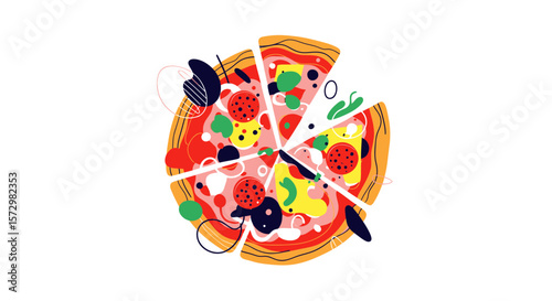 Culinary Art, Pizza, Food Preparation, Kitchen, Illustration, Colorful, Vibrant Style
