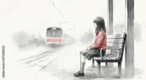 A melancholic watercolor of a young woman waiting in silence under the rain, filled with longing and transience.
