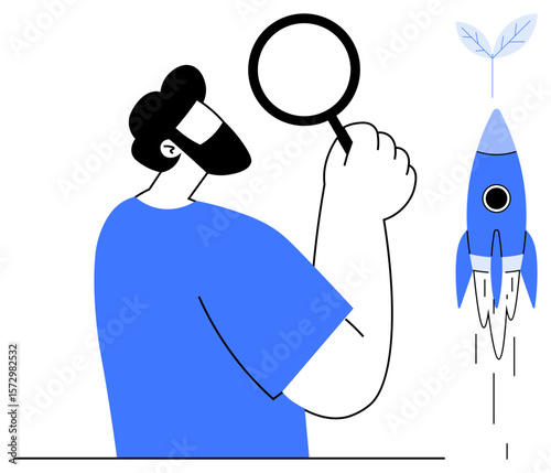 Bearded man holding magnifying glass examines blue rocket launching with leaf design. Ideal for innovation, research, startup growth, progress, exploration, analysis, sustainable development. Simple