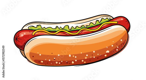 A cartoon vector illustration of a hot dog with mustard and ketchup on a bun, an isolated fast-food snack