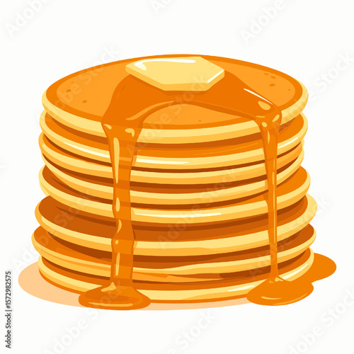 Pixel Art Illustration of Golden Pancake Stack with Melting Butter and Flowing Syrup on Plain Background