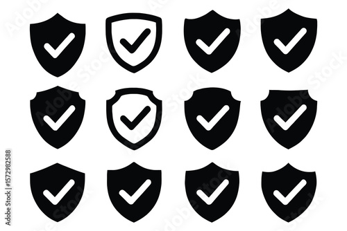 Black shields with white check marks security approved