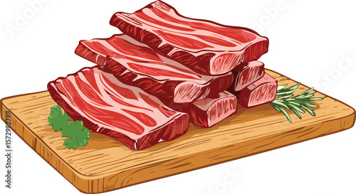 raw beef ribs stacked on a cutting board, red meat pieces, beef cuts, cutout png.meat, raw, fat, piece, steak, beef, bar-b-q, pork meat, fresh, cutting, fillet, red, background, food, clip, transparen