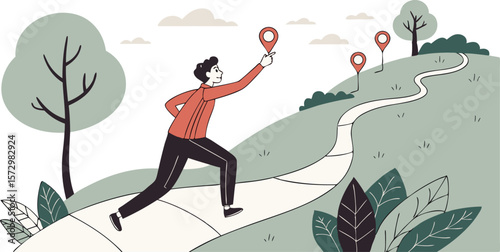 Man running on a winding path in a park reaching for location pins marking a journey