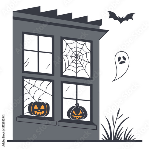 Spooky halloween scene featuring a dark building with illuminated jack o lanterns and cobwebs in the windows a friendly ghost floating nearby and a bat silhouetted against the sky