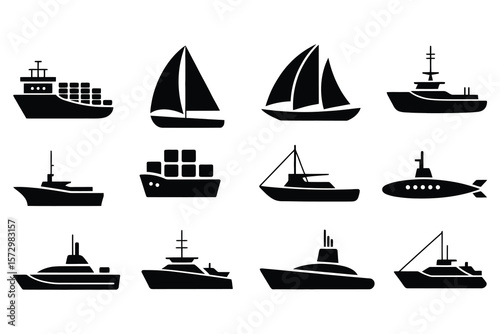 Black ship icons on white background boat sailboat