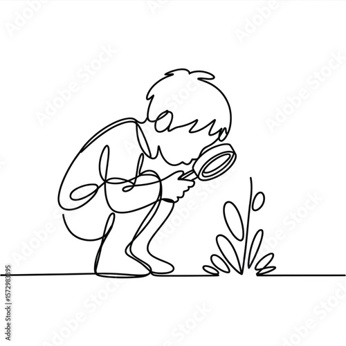Child with magnifying glass exploring nature in continuous line drawing style