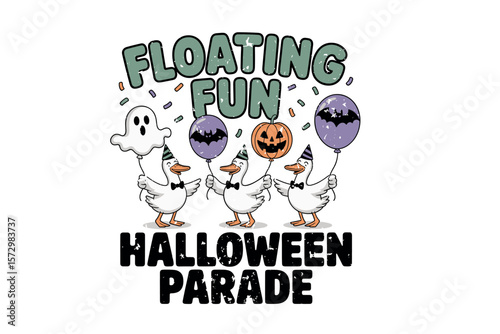Halloween Silly Goose flat vector geese with balloons and confetti bright palette clipart distressed grunge