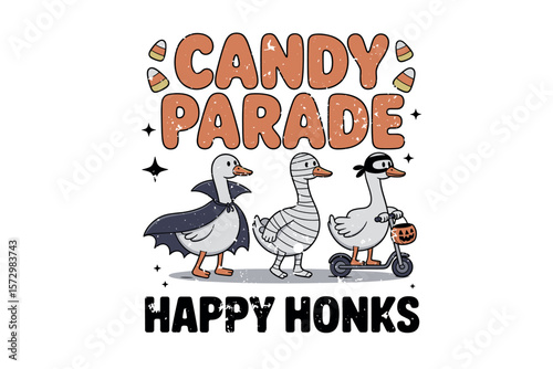 Halloween Silly Goose flat vector geese in costumes on parade orange palette clipart distressed grunge