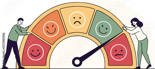 Diverse individuals interact with a colorful gauge displaying various emotional faces from happy to sad