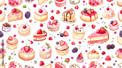 seamless pattern with watercolor cupcakes
