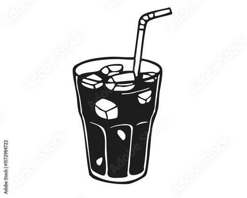 Glass of cold drink with ice cubes and straw. Black and white hand drawn vector illustration isolated on white background. Refreshing beverage concept