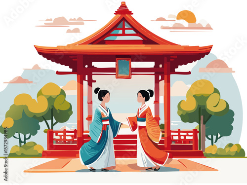 着物を着た女性と建物の風景
