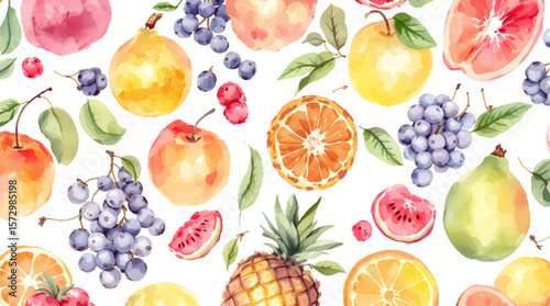 Watercolor Fruit Pattern With Apples Grapes Peaches And Berries For Background Design