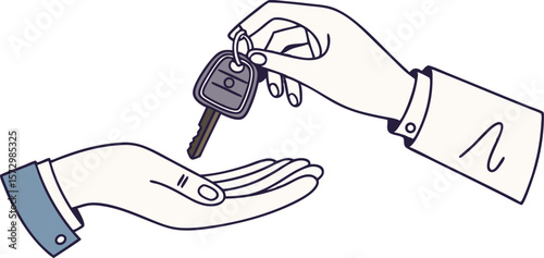 Hand passing a car key to another hand symbolizing ownership transfer and new beginnings