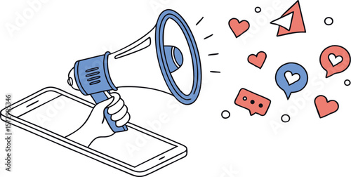 Digital marketing megaphone emerging from a smartphone broadcasting social media engagement icons like hearts and chat bubbles