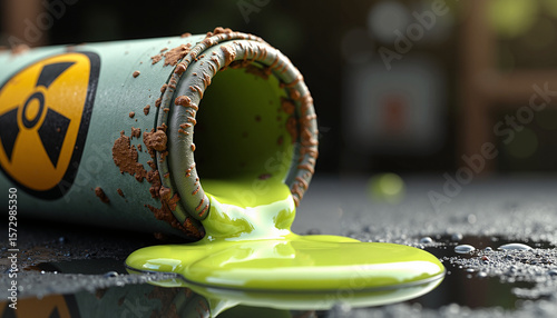Leaking chemical barrel with toxic symbol spilling bright green liquid  
