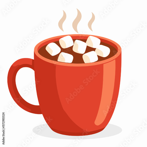 Red Mug of Hot Chocolate with Marshmallows and Steam on White Background Winter Beverage