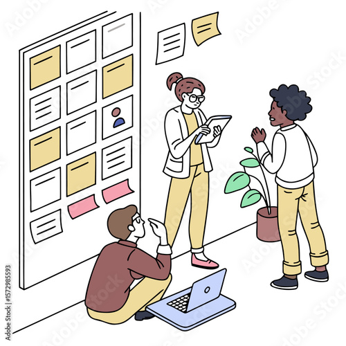 Diverse team collaborating around a large sticky note board discussing ideas and tasks on a whiteboard with a laptop and plant in a modern office setting