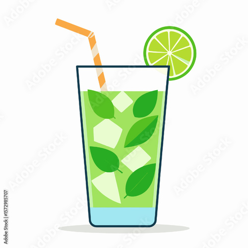 Refreshing Mojito Cocktail Illustration with Lime and Mint Leaves in Transparent Glass with Straw on White Background