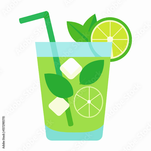 Refreshing Mojito Cocktail with Lime and Mint in Clear Glass with Green Straw and Ice Cubes on White Background