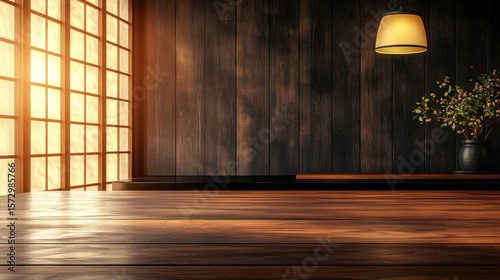 Serene Wooden Table Sunlit Room.