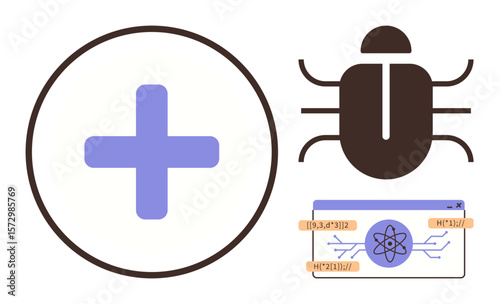 Bug icon, cross symbol, and coding panel representing debugging, error fixing, testing, system maintenance, software optimization, coding education and data-driven learning. Ideal for simple landing