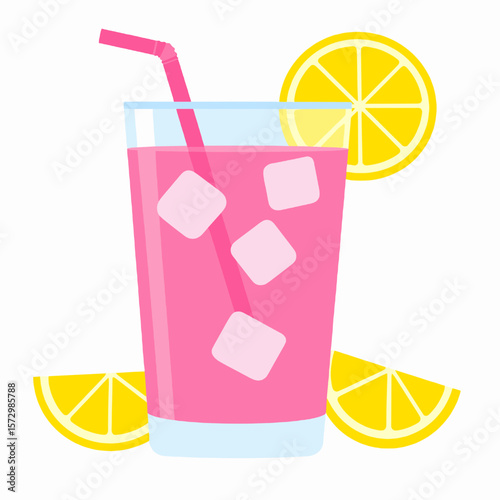 Refreshing Pink Lemonade with Ice Cubes and Lemon Slices on a White Background with a Straw