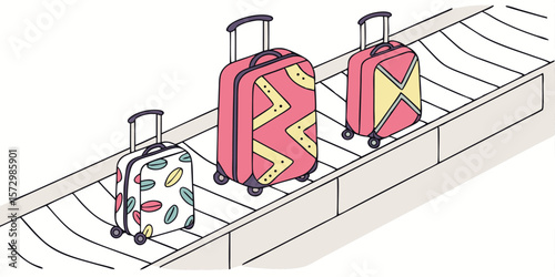 Three colorful rolling suitcases with unique patterns move along a white conveyor belt in a stylized illustration